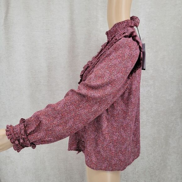 Dear John Mock Neck Ruffled Peasant Blouse Speckled Purple Burgundy Red NEW - Picture 3 of 9